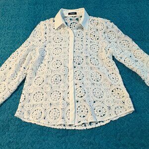 Chicme White Lace Crochet Floral Long Sleeve Buttons-up Blouse Size L